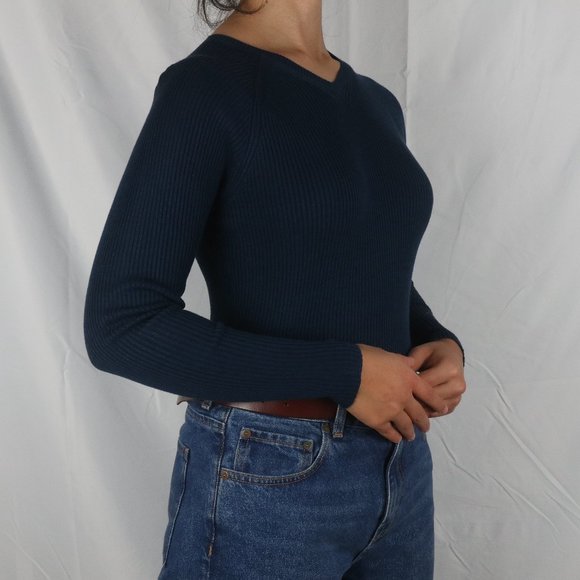 Banana Republic Blue 100% Silk Knitted V-neck Sweater, Size S - Picture 1 of 5